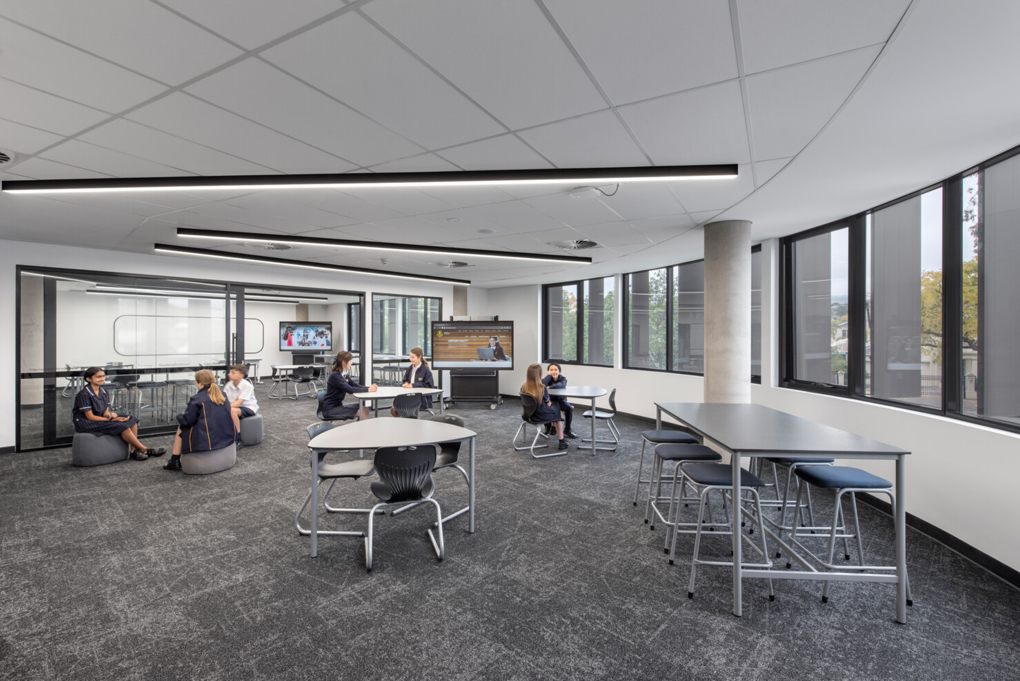 General Learning spaces with curved windows facing the Adelaide Hills.