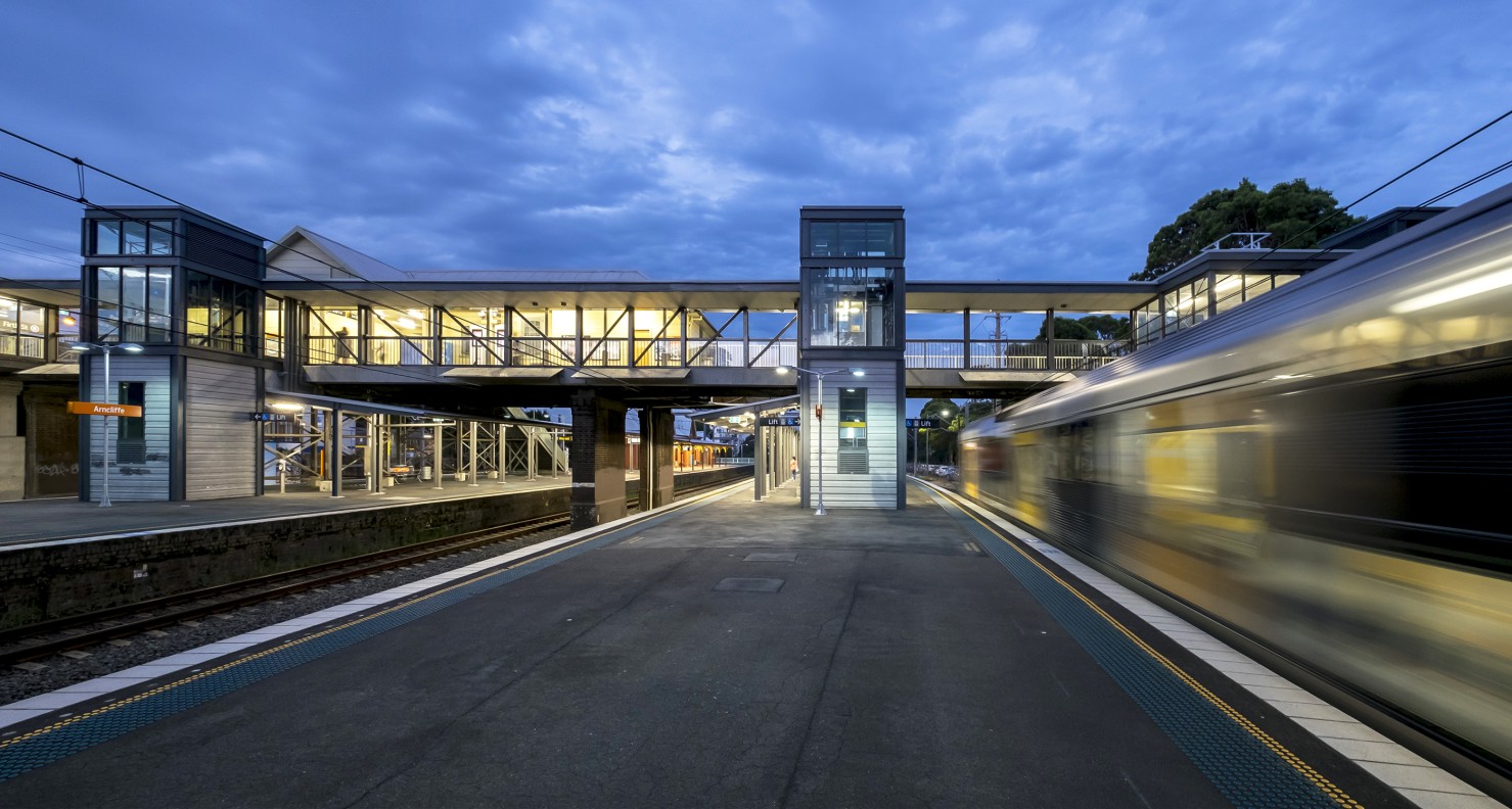 The view from the platform to the pedestrian access bridge over the line and new lift access from the platforms